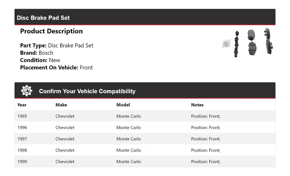 For 1995-1999 Chevrolet Monte Carlo Bosch Semi-Metallic Brake Pads Front 1996 - Image 2 of 4