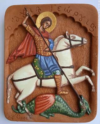 Unique Hand-painted Beeswax Icon St. George Killing The Dragon Hagiography 