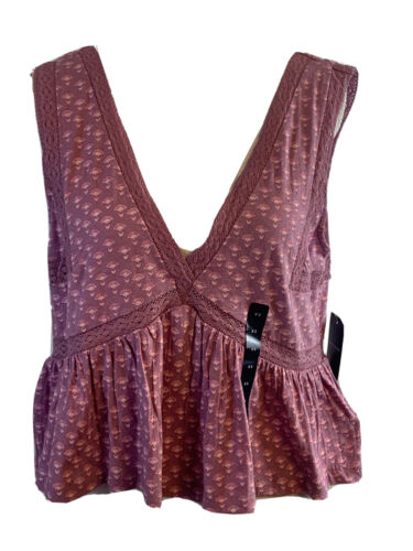 NWT Lucky Brand Women's BOHO sleeveless V-Neck tie back crop top-lace trim-Sz XS