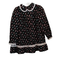 Vintage Girls 5 Black Ditsy Floral Dress Lace Trim Longsleeve Cottage Core