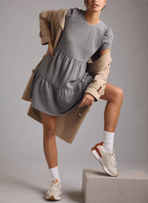 Anthropologie T.La Women's Heather Grey Puff Short Sleeve Tiered Mini Dress Sz S