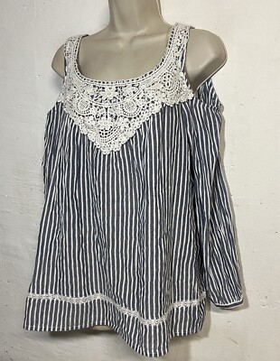 NWT Vintage America Medium Shirt Navy Blue White Stripe 3/4 Sleeve 