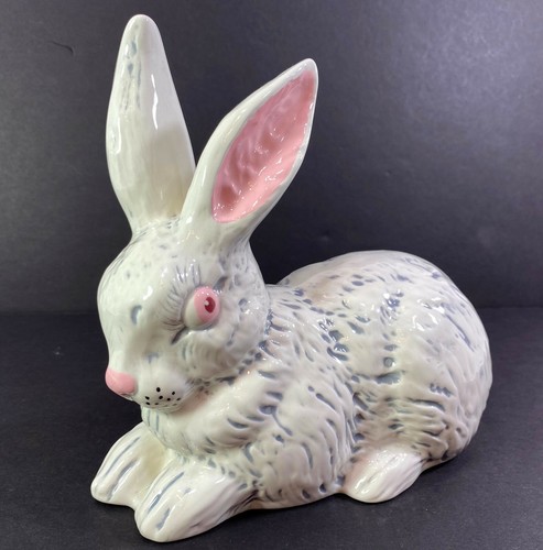 Easter Bunny Rabbit White Gray Pink Detail Sitting 8" Tall Porcelain Ceramic - Picture 2 of 11
