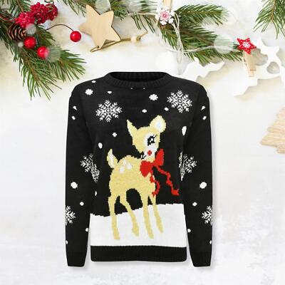 Womens Christmas Jumper Baby Deer Knitted Novelty Xmas Jumpers Party  Sweater Top UK
