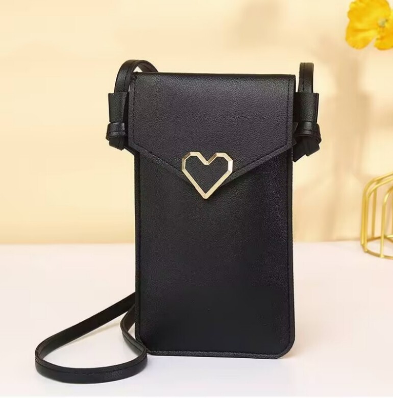 Black Leather Vertical Shoulder Bag with Snap Heart Wallet for Women