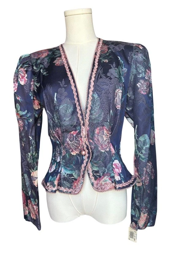 Vintage 80s Nah Nah Collections Floral Tapestry Jacket Pearl Trim Coquette Small - Image 2 of 4