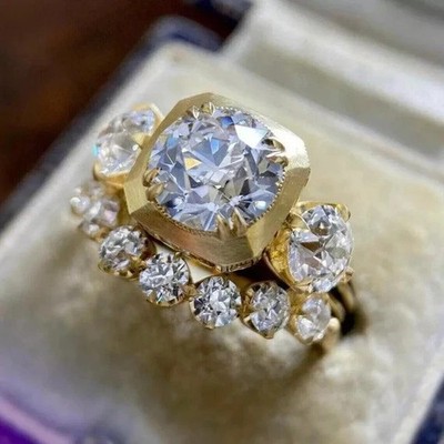 3Ct Round Cut Real Moissanite Bridal Set Engagement Ring 14K Yellow Gold Plated