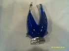 Vtg. Murano Glass Penquins Figurine-Dk Blue w/Crystal Base-Foil Label-6.5" tall