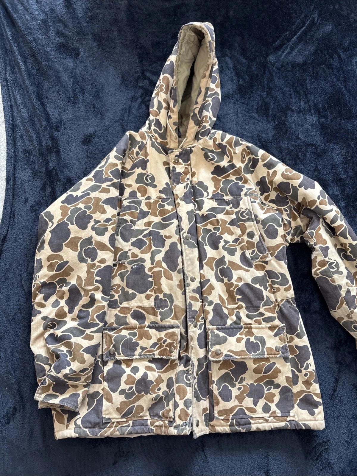Vintage 10x Insulated Canvas Camo Hooded Hunting Jacket Hand Warming Pockets Xl