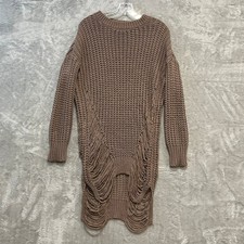 Windsor Sweater Dress Small Brown Chunky Knit Fringe Shredded Long Sleeve Boho