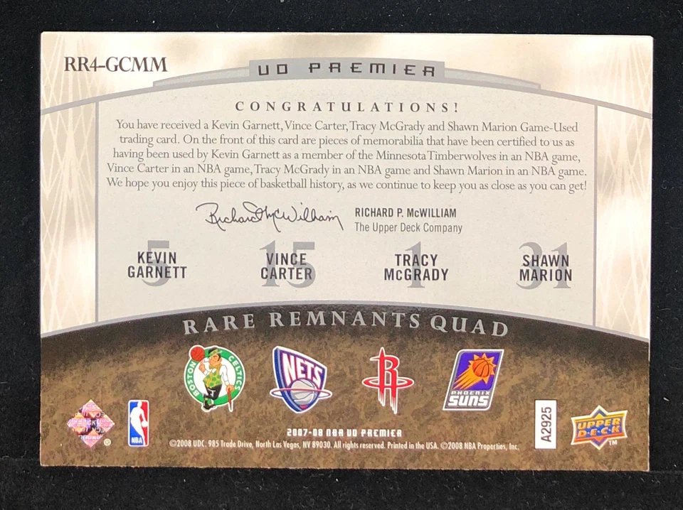 2007-08 UD PREMIER KEVIN GARNETT VINCE CARTER McGrady Marion #13/50 Foto 2 de 2