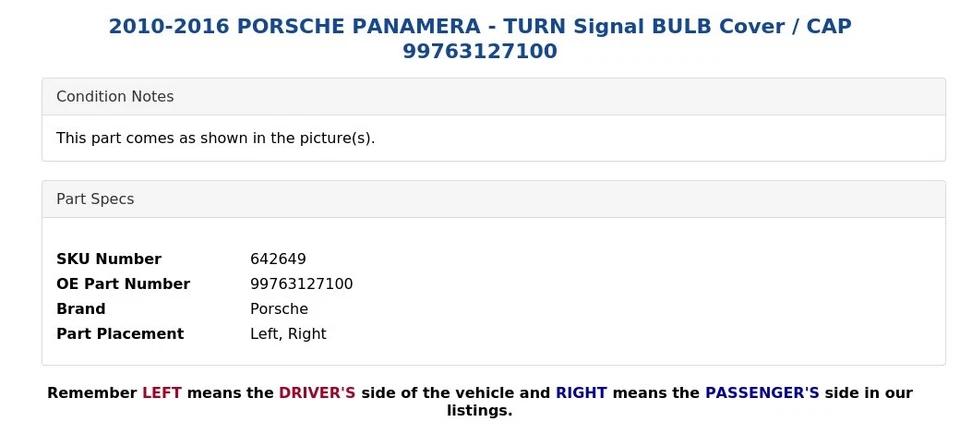 2010-2016 PORSCHE PANAMERA - Tampa de lâmpada de sinal de volta / CAP 99763127100 - Imagem 4 de 4