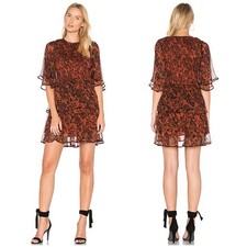 Ganni Beaumont Chiffon Dress Brandy Brown Black Tiered Smocked Revolve 38 / US 6