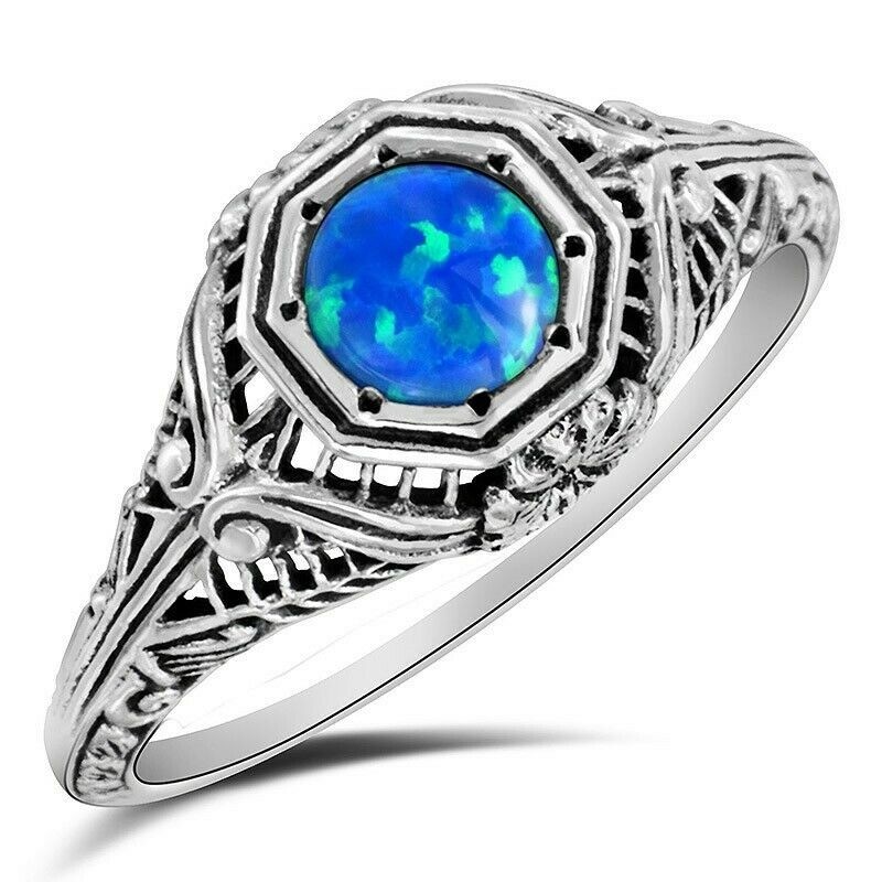1CT  Blue Fire Opal 925 Sterling Silver Filigree Ring Sz 7 F3-7
