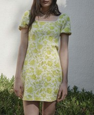 NWOT Zara Chartreuse Lime Floral Jacquard Knit Puff Sleeve Mini Dress M
