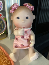 Vinyl Baby Girl Doll Blue Eyes Brown Straight Hair Pink Dress Bow Headband