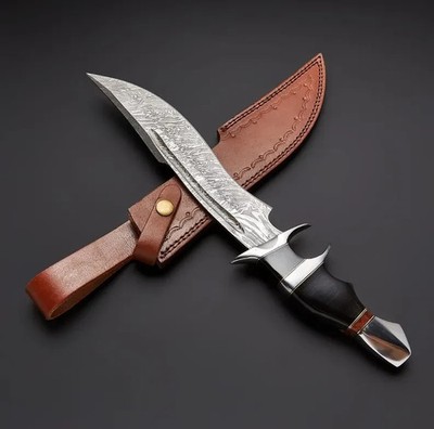Handgefertigtes Damascus Bowie Messer, Horn & Stahlgriff Jagdmesser Lederscheide