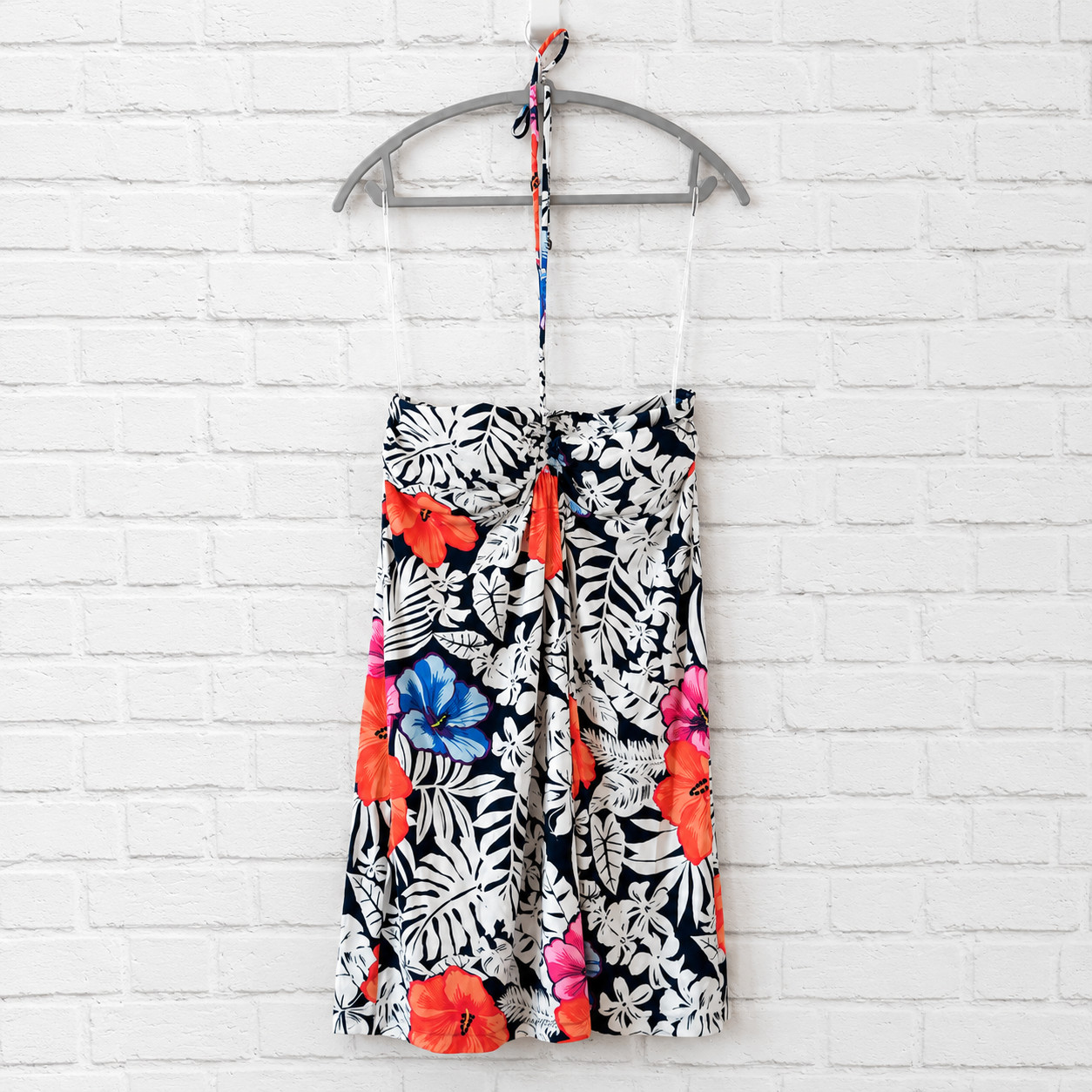 Tommy Bahama Tropical Floral Halter Dress Size M Black White Hibiscus Sundress