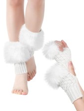 Winter Fluffy Leg Warmers and Wrist Cuffs Warmers Set, Include Boot leg White