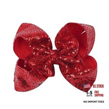 8 Inch Sparkly Glitter Sequin Hair Bows for Girls Red