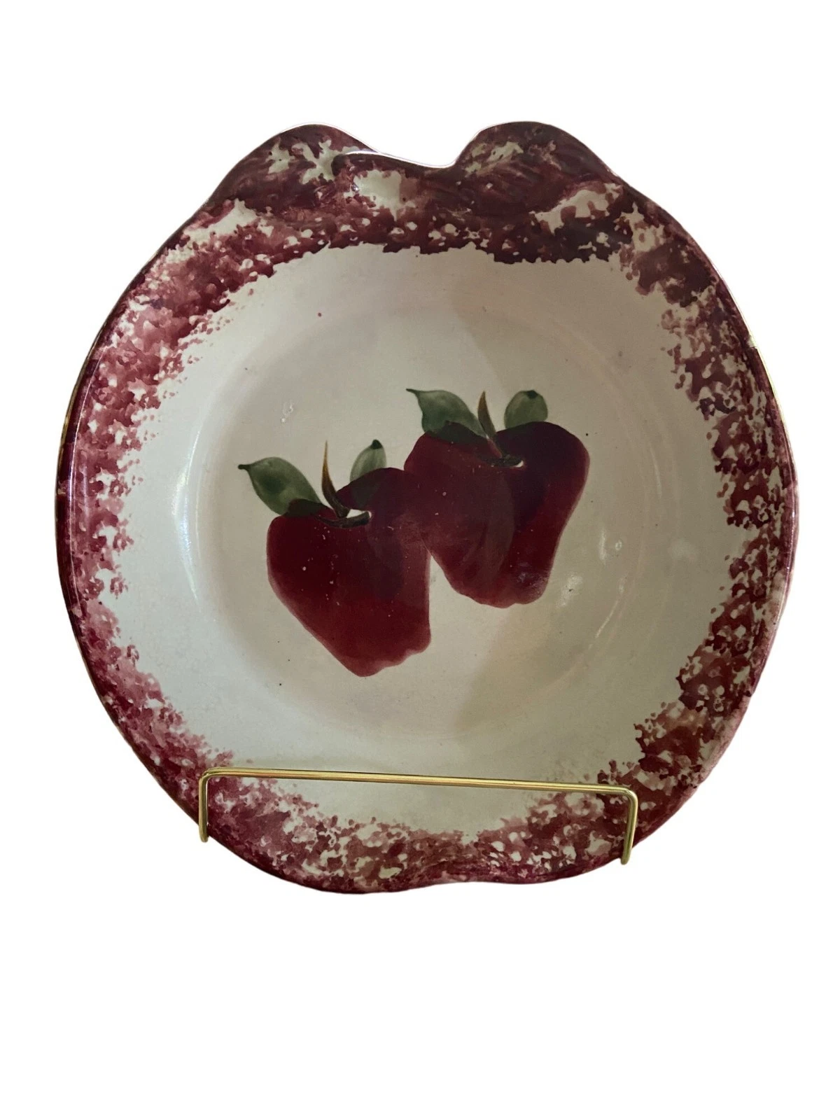 Vintage Apple Pie Plate Hand Painted Red Speckled Border Recipe Dish Farmhouse