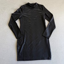 Black Faux Crocodile Snakeskin Embossed Mock Neck Long Sleeve Dress M