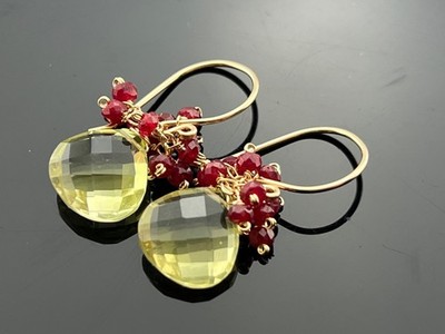 Lemon Quartz and Ruby Earrings   14K Gold Filled or Sterling Silver   Genuine