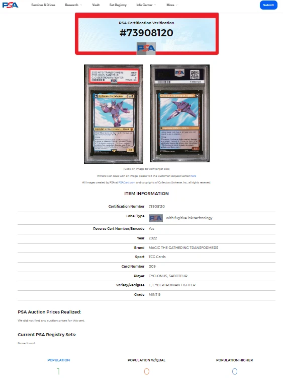 Magic the Gathering Transformers Cyclonus the Saboteur PSA 9 POP 1 *None Higher* - Image 3 of 4