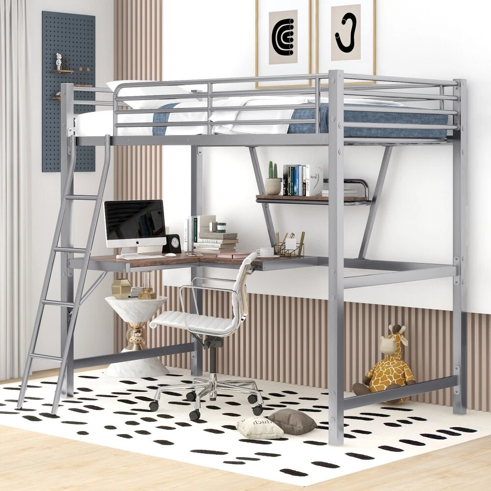 Twin Size Loft Bed with Desk and Shelf Metal Bed Frame US Stock eBay