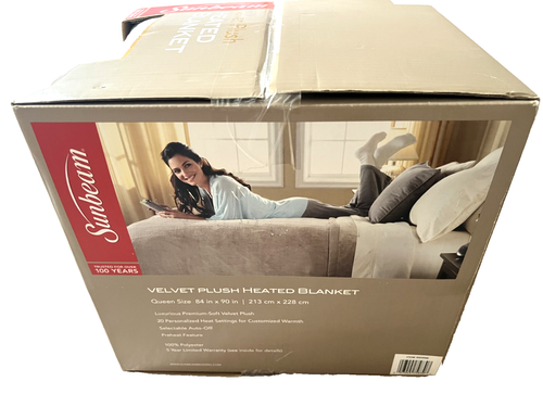 NEW Sunbeam Velvet Plush Electric Heated Blanket Queen - Blonde - Picture 2 of 5