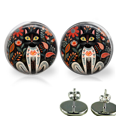 Folk Art Print Tuxedo Cat Stud Earrings Silver Colorful Flowers Original Artwork