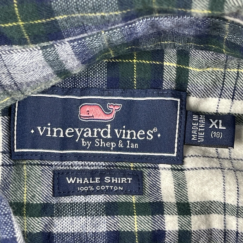Vineyard Vines Shirt Boys XL Green Blue Plaid Youth Whale Preppy Flannel School - Image 3 of 4