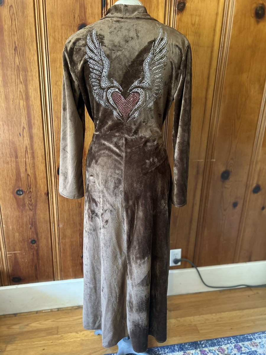 Womens Long Brown Minky Robe Embellished With Heart And Wings