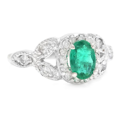 14K Solid White Gold Natural Emerald and Diamonds Cluster Wedding Ring - Picture 5 of 6