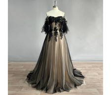 Black Wedding Dresses Applique Lace Tulle Off Shoulder A line Beach Bridal Gowns