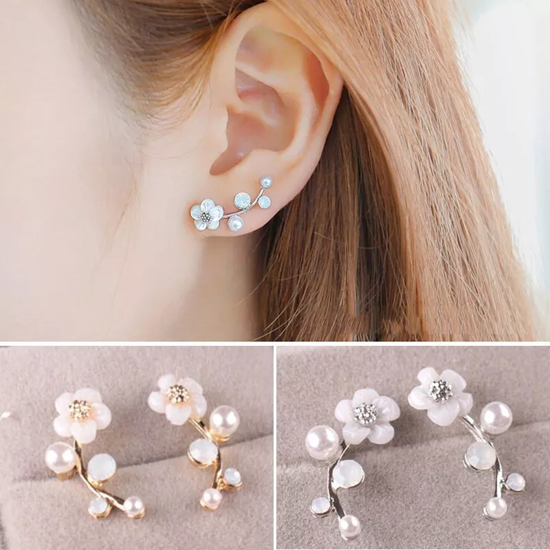 1 Pair Fashion Pearl Flower Ear Stud Earrings Elegant Women