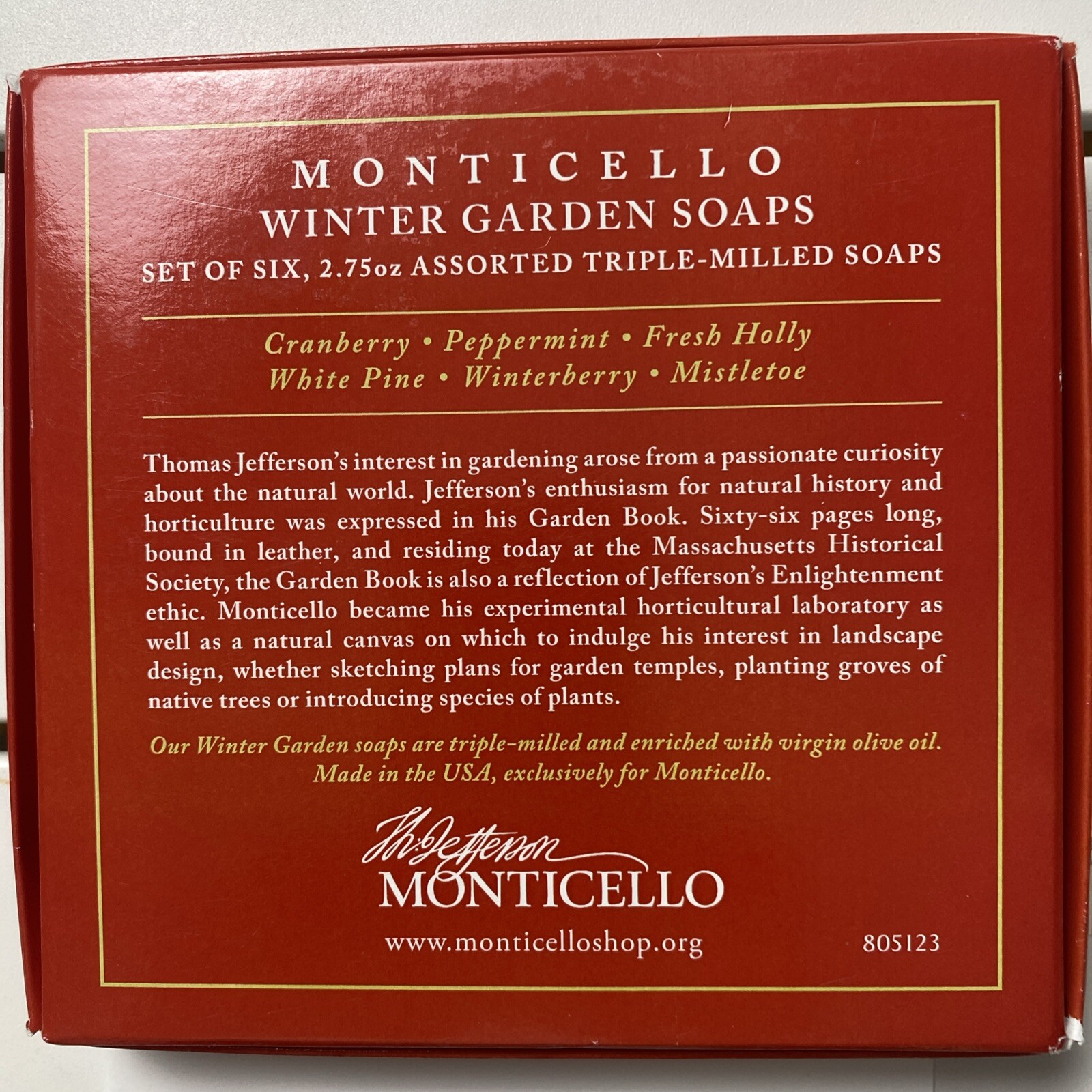 NIB Monticello Winter Gardens Set Of 6 Milled Soaps Assorted Triple-Milled Soap