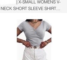 Womens Cotton Basic V-Neck T-Shirt Short Sleeve Pleated Stretch Top Tee C01