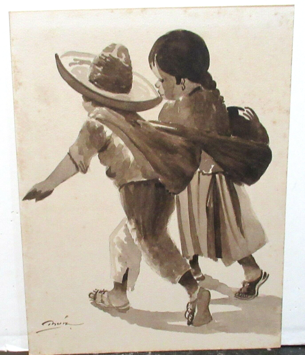 MARCO RUIZ MEXICAN MAN AND WOMAN WALKING WATERCOLOR PAINTING | eBay