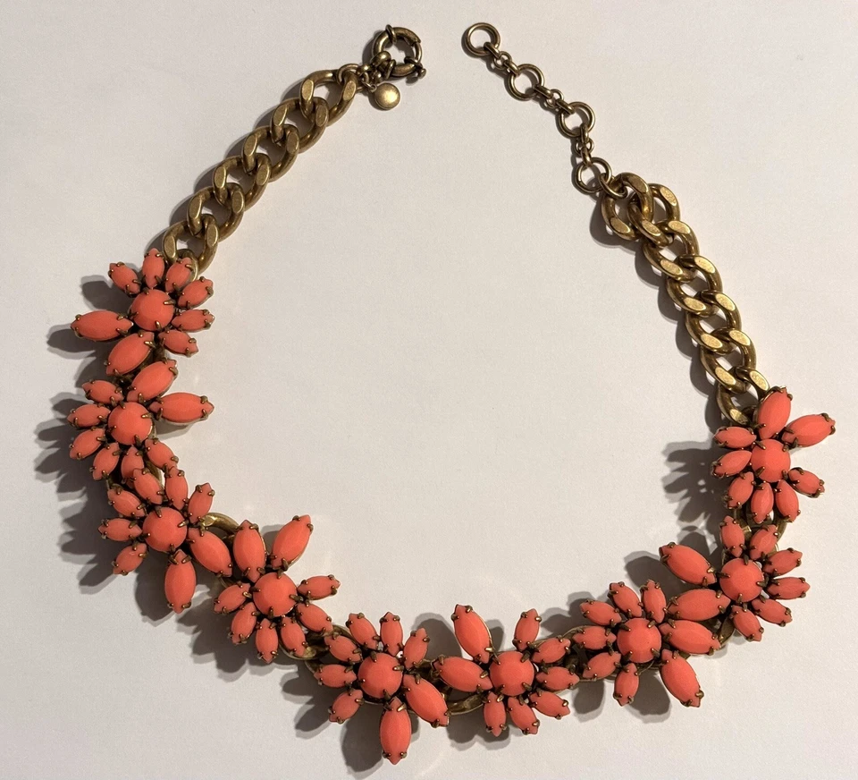J. Crew Pink Floral Chunky Gold Tone Chain Statement Necklace - Image 3 of 4