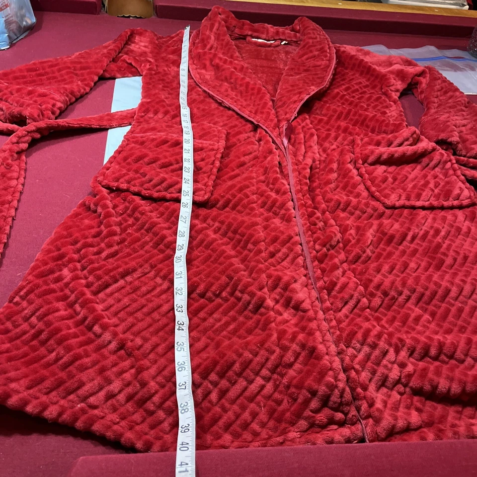 Soft Surroundings Cranberry RED LONG ROBE SOFT Plush pockets Gathered Back BELT - Image 4 of 4