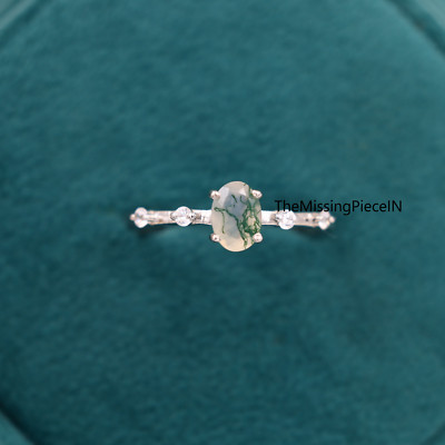 Natural Moss Agate Ring Round Cut Promise Ring, Anniversary Ring, Christmas Gift