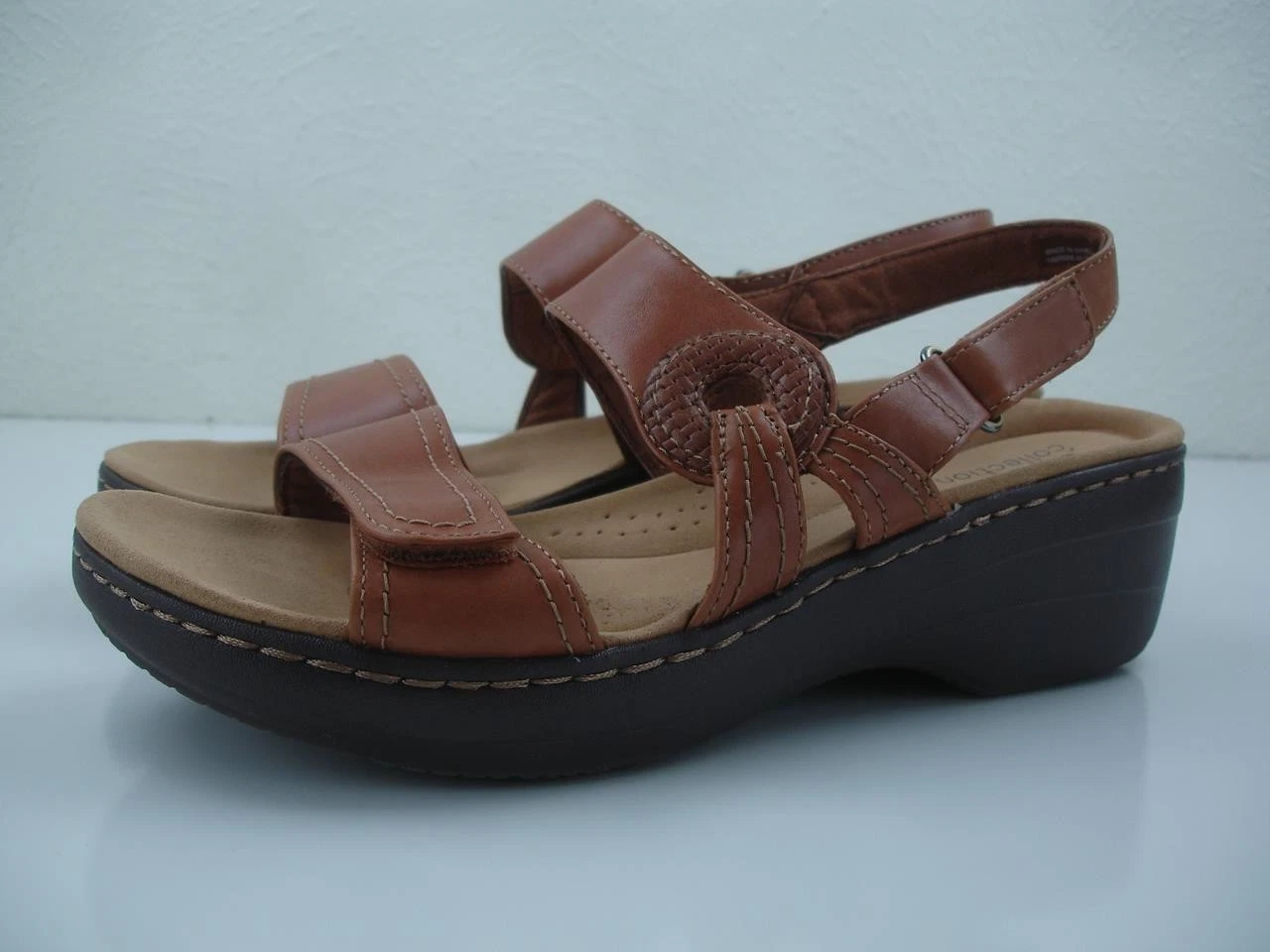 Sandali donna 9 M Clarks Merliah opale pelle marrone zeppa tacco slingback comodi