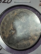 1820-P CAPPED BUST HALF DOLLAR. KEY DATE. FINE CONDITION. SQ. BASE 2, NO KNOB.