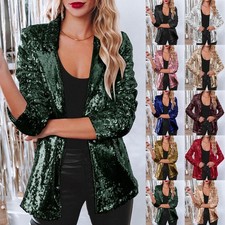 Ladies Sparkly Sequins Long Sleeve Open Front Coat Jacket Blazer Party Tops SIZE