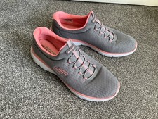Ladies Skechers Grey/Pink  Memory Foam Fabric Slip on Sneakers Size UK 7 VGC