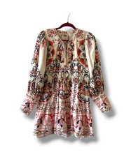 Farm Rio Cream Cashew Mandala Floral Swiss Dot Mini Dress Long Sleeve Size Small