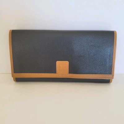 Celine Vintage Leather Large Wallet  Tan Black Long Logo Designer  Envelope 
