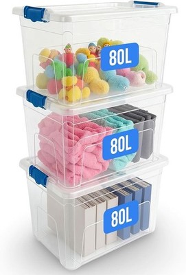 3x 80L Klar Kunststoff Aufbewahrungsboxen mit Clip Deckel Stapelbar Home Office Küche
