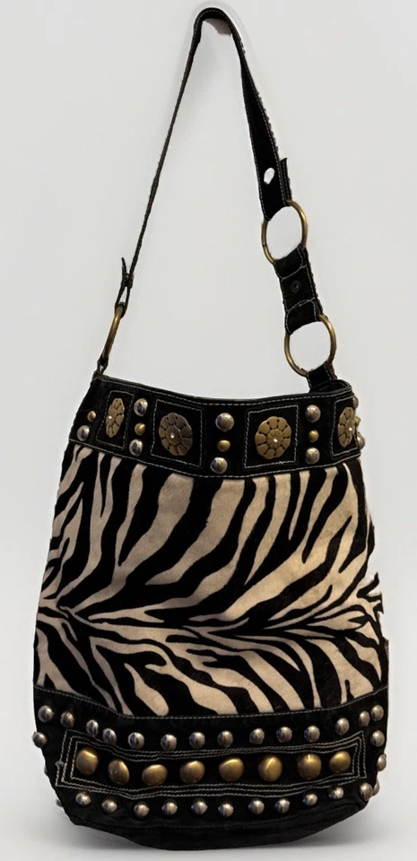 VTG 90s Leather Zebra Animal Print Shoulder Bag CROSSBODY STUDDED Purse READ